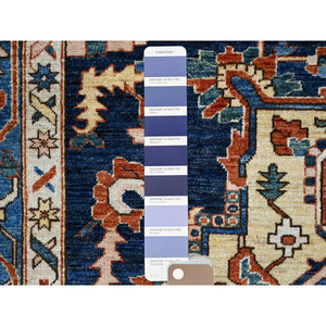 9'2"x11'8" Space Cadet Blue, Densely Woven Extra Soft Wool, Hand Knotted With Large Centre Geometric Element, Natural Dyes With Carnelian Red Corners, Afghan Peshawar Serapi Heriz, Oriental Rug FWR519060
