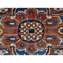 Load image into Gallery viewer, 9&#39;2&quot;x11&#39;8&quot; Space Cadet Blue, Densely Woven Extra Soft Wool, Hand Knotted With Large Centre Geometric Element, Natural Dyes With Carnelian Red Corners, Afghan Peshawar Serapi Heriz, Oriental Rug FWR519060