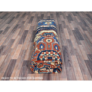 9'2"x11'8" Space Cadet Blue, Densely Woven Extra Soft Wool, Hand Knotted With Large Centre Geometric Element, Natural Dyes With Carnelian Red Corners, Afghan Peshawar Serapi Heriz, Oriental Rug FWR519060