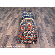 Load image into Gallery viewer, 9&#39;2&quot;x11&#39;8&quot; Space Cadet Blue, Densely Woven Extra Soft Wool, Hand Knotted With Large Centre Geometric Element, Natural Dyes With Carnelian Red Corners, Afghan Peshawar Serapi Heriz, Oriental Rug FWR519060