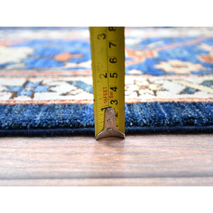 9'2"x11'8" Space Cadet Blue, Densely Woven Extra Soft Wool, Hand Knotted With Large Centre Geometric Element, Natural Dyes With Carnelian Red Corners, Afghan Peshawar Serapi Heriz, Oriental Rug FWR519060