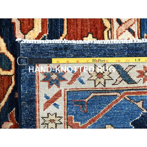 9'2"x11'8" Space Cadet Blue, Densely Woven Extra Soft Wool, Hand Knotted With Large Centre Geometric Element, Natural Dyes With Carnelian Red Corners, Afghan Peshawar Serapi Heriz, Oriental Rug FWR519060