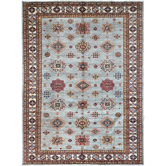 9'x12' Puritan Gray, Cloud White Border, Hand Knotted Densely Woven, Afghan Super Kazak with All Over Geometric Motifs, Soft, Velvety Wool, Natural Dyes, Oriental Rug FWR519210