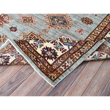 Load image into Gallery viewer, 9&#39;x12&#39; Puritan Gray, Cloud White Border, Hand Knotted Densely Woven, Afghan Super Kazak with All Over Geometric Motifs, Soft, Velvety Wool, Natural Dyes, Oriental Rug FWR519210