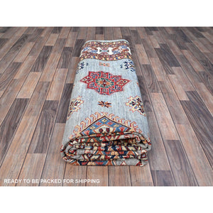 9'x12' Puritan Gray, Cloud White Border, Hand Knotted Densely Woven, Afghan Super Kazak with All Over Geometric Motifs, Soft, Velvety Wool, Natural Dyes, Oriental Rug FWR519210