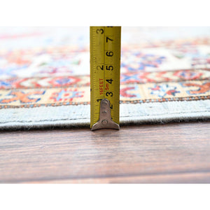 9'x12' Puritan Gray, Cloud White Border, Hand Knotted Densely Woven, Afghan Super Kazak with All Over Geometric Motifs, Soft, Velvety Wool, Natural Dyes, Oriental Rug FWR519210