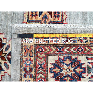 9'x12' Puritan Gray, Cloud White Border, Hand Knotted Densely Woven, Afghan Super Kazak with All Over Geometric Motifs, Soft, Velvety Wool, Natural Dyes, Oriental Rug FWR519210