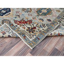 Load image into Gallery viewer, 8&#39;9&quot;x11&#39;9&quot; Pigeon Gray With Swiss Coffee White, 100% Wool, Afghan Super Kazak with Large Geometric Medallions Pattern, Densely Woven Natural Dyes, Hand Knotted, Oriental Rug FWR519228