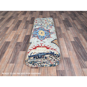 8'9"x11'9" Pigeon Gray With Swiss Coffee White, 100% Wool, Afghan Super Kazak with Large Geometric Medallions Pattern, Densely Woven Natural Dyes, Hand Knotted, Oriental Rug FWR519228