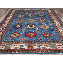 Load image into Gallery viewer, 8&#39;2&quot;x10&#39;3&quot; Azure Blue, Ivory Border, Afghan Super Kazak With Geometric Medallions, Vegetable Dyes Denser Weave, Natural Wool Hand Knotted, Oriental Rug FWR519270
