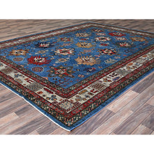 Load image into Gallery viewer, 8&#39;2&quot;x10&#39;3&quot; Azure Blue, Ivory Border, Afghan Super Kazak With Geometric Medallions, Vegetable Dyes Denser Weave, Natural Wool Hand Knotted, Oriental Rug FWR519270