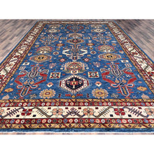 Load image into Gallery viewer, 10&#39;x13&#39;8&quot; Dodger Blue With All White, Hand Knotted, Afghan Super Kazak With Tribal Medallions Design, Natural Dyes, Soft Wool, Oriental Rug FWR519318