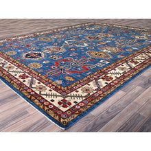 Load image into Gallery viewer, 10&#39;x13&#39;8&quot; Dodger Blue With All White, Hand Knotted, Afghan Super Kazak With Tribal Medallions Design, Natural Dyes, Soft Wool, Oriental Rug FWR519318