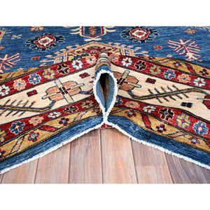10'x13'8" Dodger Blue With All White, Hand Knotted, Afghan Super Kazak With Tribal Medallions Design, Natural Dyes, Soft Wool, Oriental Rug FWR519318