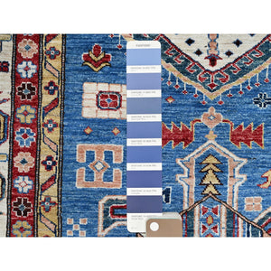 10'x13'8" Dodger Blue With All White, Hand Knotted, Afghan Super Kazak With Tribal Medallions Design, Natural Dyes, Soft Wool, Oriental Rug FWR519318
