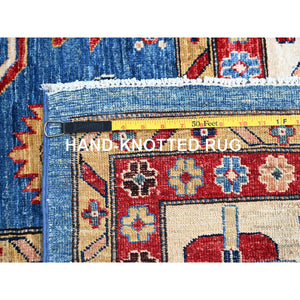 10'x13'8" Dodger Blue With All White, Hand Knotted, Afghan Super Kazak With Tribal Medallions Design, Natural Dyes, Soft Wool, Oriental Rug FWR519318