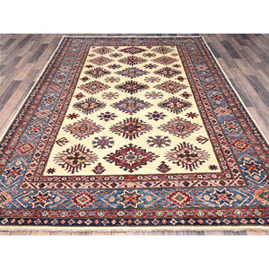 6'x9'3" Heron White, Natural Dyes, Densely Woven Organic Wool, Hand Knotted Afghan Super Kazak Geometric Elements Oriental Rug FWR519354
