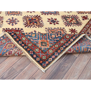 6'x9'3" Heron White, Natural Dyes, Densely Woven Organic Wool, Hand Knotted Afghan Super Kazak Geometric Elements Oriental Rug FWR519354