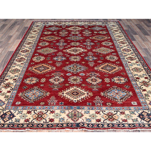 6'x8'8" Fire Brick Red, Afghan Tribal Super Kazak With All Over Medallions, Natural Dyes, Soft And Velvety Pure Wool, Hand Knotted, Oriental Rug FWR519360