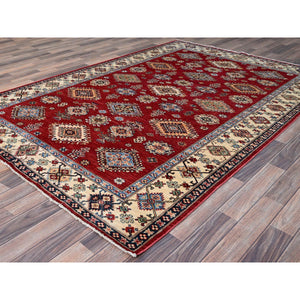 6'x8'8" Fire Brick Red, Afghan Tribal Super Kazak With All Over Medallions, Natural Dyes, Soft And Velvety Pure Wool, Hand Knotted, Oriental Rug FWR519360