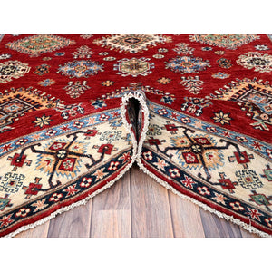6'x8'8" Fire Brick Red, Afghan Tribal Super Kazak With All Over Medallions, Natural Dyes, Soft And Velvety Pure Wool, Hand Knotted, Oriental Rug FWR519360