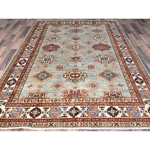 6'x9' Belgian Block Gray, Afghan Hand Knotted Super Kazak With Tribal Medallions, Vegetable Dyes Denser Weave, Soft Wool Oriental Rug FWR519378