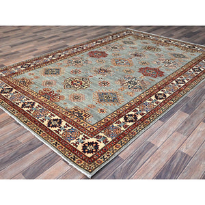 6'x9' Belgian Block Gray, Afghan Hand Knotted Super Kazak With Tribal Medallions, Vegetable Dyes Denser Weave, Soft Wool Oriental Rug FWR519378