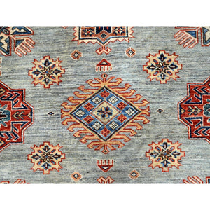 6'x9' Belgian Block Gray, Afghan Hand Knotted Super Kazak With Tribal Medallions, Vegetable Dyes Denser Weave, Soft Wool Oriental Rug FWR519378