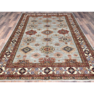 6'x8'9" Parma Gray, Cloud White Border, Denser Weave, Hand Knotted Natural Dyes Afghan Super Kazak, All Over Geometric Motifs All Wool Oriental Rug FWR519390