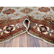 Load image into Gallery viewer, 6&#39;x8&#39;9&quot; Parma Gray, Cloud White Border, Denser Weave, Hand Knotted Natural Dyes Afghan Super Kazak, All Over Geometric Motifs All Wool Oriental Rug FWR519390