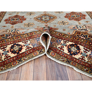 6'x8'9" Parma Gray, Cloud White Border, Denser Weave, Hand Knotted Natural Dyes Afghan Super Kazak, All Over Geometric Motifs All Wool Oriental Rug FWR519390