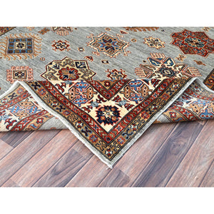 6'x8'9" Parma Gray, Cloud White Border, Denser Weave, Hand Knotted Natural Dyes Afghan Super Kazak, All Over Geometric Motifs All Wool Oriental Rug FWR519390