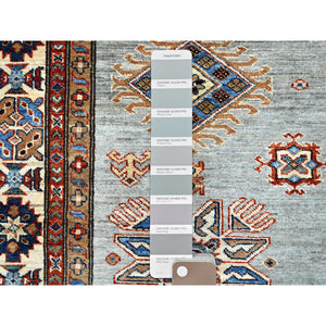 6'x8'9" Parma Gray, Cloud White Border, Denser Weave, Hand Knotted Natural Dyes Afghan Super Kazak, All Over Geometric Motifs All Wool Oriental Rug FWR519390