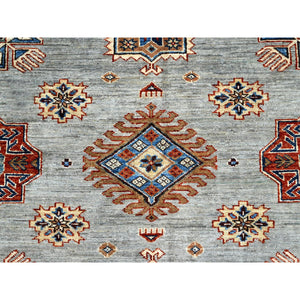 6'x8'9" Parma Gray, Cloud White Border, Denser Weave, Hand Knotted Natural Dyes Afghan Super Kazak, All Over Geometric Motifs All Wool Oriental Rug FWR519390