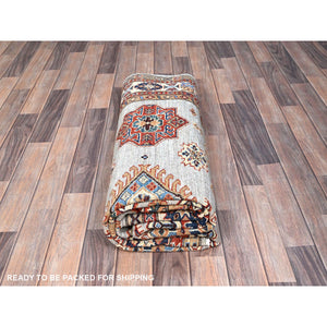 6'x8'9" Parma Gray, Cloud White Border, Denser Weave, Hand Knotted Natural Dyes Afghan Super Kazak, All Over Geometric Motifs All Wool Oriental Rug FWR519390