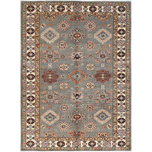Load image into Gallery viewer, 4&#39;10&quot;x6&#39;6&quot; Chinchilla Gray and Nacre White, Shiny Wool, Vegetable Dyes, Afghan Super Kazak with All Over Medallions, Hand Knotted, Denser Weave Oriental Rug FWR519420