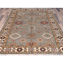 Load image into Gallery viewer, 4&#39;10&quot;x6&#39;6&quot; Chinchilla Gray and Nacre White, Shiny Wool, Vegetable Dyes, Afghan Super Kazak with All Over Medallions, Hand Knotted, Denser Weave Oriental Rug FWR519420