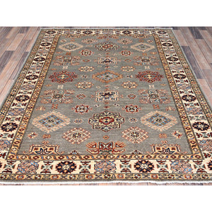 4'10"x6'6" Chinchilla Gray and Nacre White, Shiny Wool, Vegetable Dyes, Afghan Super Kazak with All Over Medallions, Hand Knotted, Denser Weave Oriental Rug FWR519420