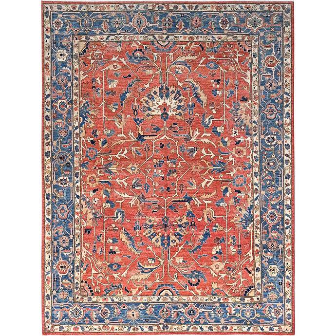 9'x12' Jasper Red, Soft And Shiny Wool, Hand Knotted All Over Heriz Design, Densely Woven, Aryana Oriental Rug FWR519468