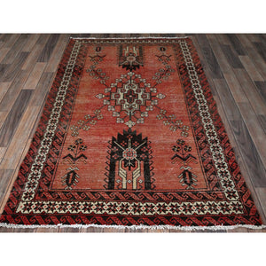 3'9"x6'2" Blush Red, Vintage Persian Baluch with Geometric Pattern, Shaved Low, Zero Pile, Evenly Worn, Sides and Ends Professionally Secured, Clean, Hand Knotted, 100% Wool, Oriental Rug 65 FWR5190
