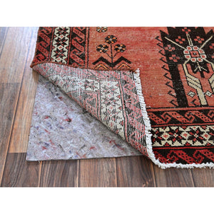 3'9"x6'2" Blush Red, Vintage Persian Baluch with Geometric Pattern, Shaved Low, Zero Pile, Evenly Worn, Sides and Ends Professionally Secured, Clean, Hand Knotted, 100% Wool, Oriental Rug 65 FWR5190