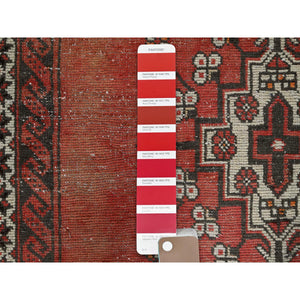 3'9"x6'2" Blush Red, Vintage Persian Baluch with Geometric Pattern, Shaved Low, Zero Pile, Evenly Worn, Sides and Ends Professionally Secured, Clean, Hand Knotted, 100% Wool, Oriental Rug 65 FWR5190