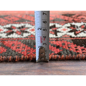 3'9"x6'2" Blush Red, Vintage Persian Baluch with Geometric Pattern, Shaved Low, Zero Pile, Evenly Worn, Sides and Ends Professionally Secured, Clean, Hand Knotted, 100% Wool, Oriental Rug 65 FWR5190