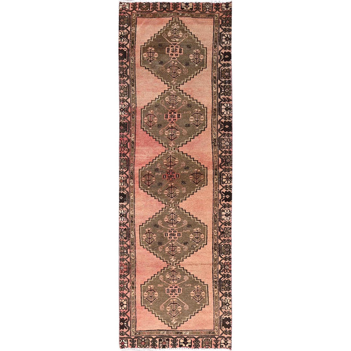 3'x9' Coral Sands Red With Geometric Motifs, Persian Bakhtiar, Cropped Thin, Natural Wool, End And Sides Professionally Secured, Denser Weave, Clean, Vintage Runner Oriental Rug FWR519822