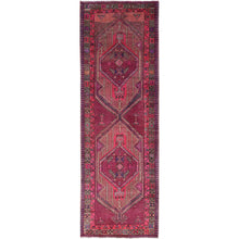 Load image into Gallery viewer, 3&#39;8&quot;x10&#39;10&quot; Hibiscus Pink, Large Geometric Elements, Cropped Thin, Velvety Wool, Denser Weave, Even Wear, Vintage Serapi Design, Sides And Ends Secured, Worn and Distressed Condition with No Holes, Runner Oriental Rug FWR519960