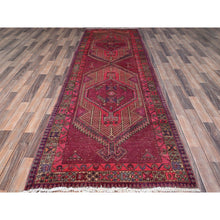 Load image into Gallery viewer, 3&#39;8&quot;x10&#39;10&quot; Hibiscus Pink, Large Geometric Elements, Cropped Thin, Velvety Wool, Denser Weave, Even Wear, Vintage Serapi Design, Sides And Ends Secured, Worn and Distressed Condition with No Holes, Runner Oriental Rug FWR519960