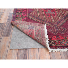 Load image into Gallery viewer, 3&#39;8&quot;x10&#39;10&quot; Hibiscus Pink, Large Geometric Elements, Cropped Thin, Velvety Wool, Denser Weave, Even Wear, Vintage Serapi Design, Sides And Ends Secured, Worn and Distressed Condition with No Holes, Runner Oriental Rug FWR519960