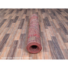 Load image into Gallery viewer, 3&#39;8&quot;x10&#39;10&quot; Hibiscus Pink, Large Geometric Elements, Cropped Thin, Velvety Wool, Denser Weave, Even Wear, Vintage Serapi Design, Sides And Ends Secured, Worn and Distressed Condition with No Holes, Runner Oriental Rug FWR519960