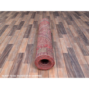 3'8"x10'10" Hibiscus Pink, Large Geometric Elements, Cropped Thin, Velvety Wool, Denser Weave, Even Wear, Vintage Serapi Design, Sides And Ends Secured, Worn and Distressed Condition with No Holes, Runner Oriental Rug FWR519960