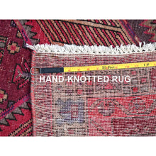Load image into Gallery viewer, 3&#39;8&quot;x10&#39;10&quot; Hibiscus Pink, Large Geometric Elements, Cropped Thin, Velvety Wool, Denser Weave, Even Wear, Vintage Serapi Design, Sides And Ends Secured, Worn and Distressed Condition with No Holes, Runner Oriental Rug FWR519960